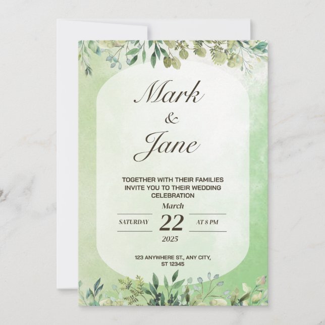 Green Tree Leaf Watercolor Wedding Invitation (Front)