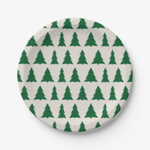 Green Tree Pattern Faux Canvas Holiday Party Paper Plate