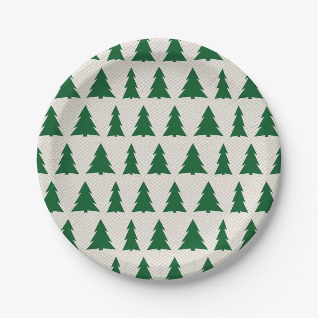 Green Tree Pattern Faux Canvas Holiday Party Paper Plate (Front)