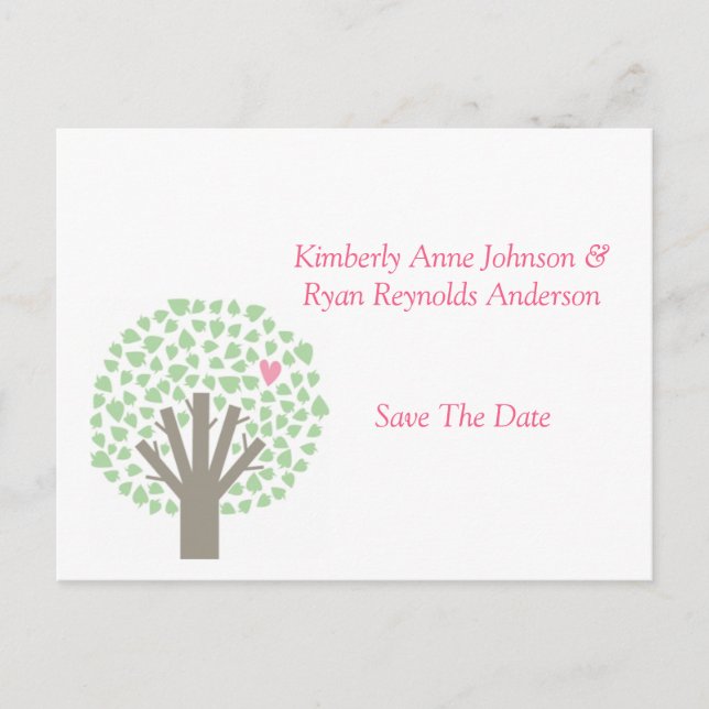 Green Tree Pink Hearts Save The Date Announcement Postcard (Front)