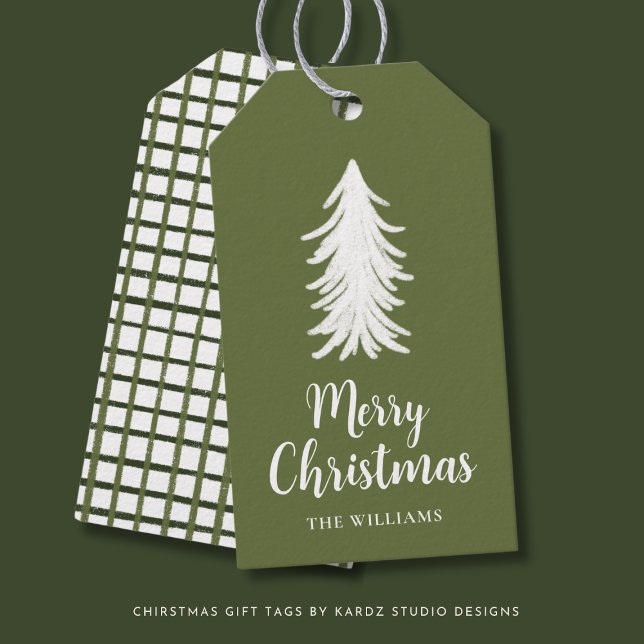 Green Tree Script Holiday Gift Tags  (Personalize Holiday Gift tags with a white tree over a forest green background and cute checks)