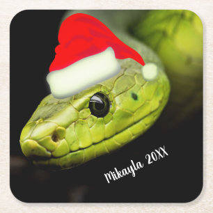 Green Tree Snake in Santa Hat Square Paper Coaster