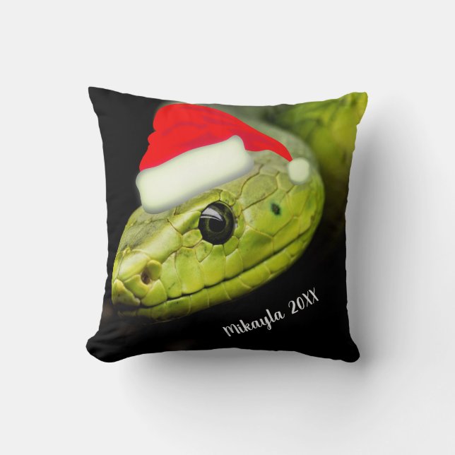 Green Tree Snake in Santa Hat  Throw Pillow (Front)
