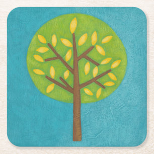 Green Tree with Yellow Leaves by Chariklia Zarris Square Paper Coaster