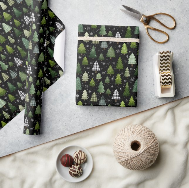 Green Trees on Black Holiday Christmas Pattern Wrapping Paper (Crafts)
