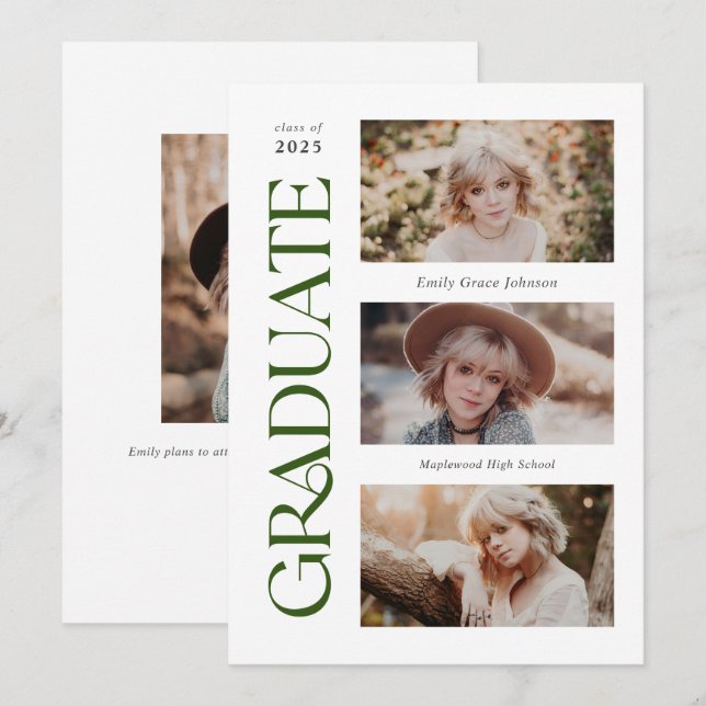 Green Trendy Serif Multiple Photo Graduation  Announcement (Front/Back)