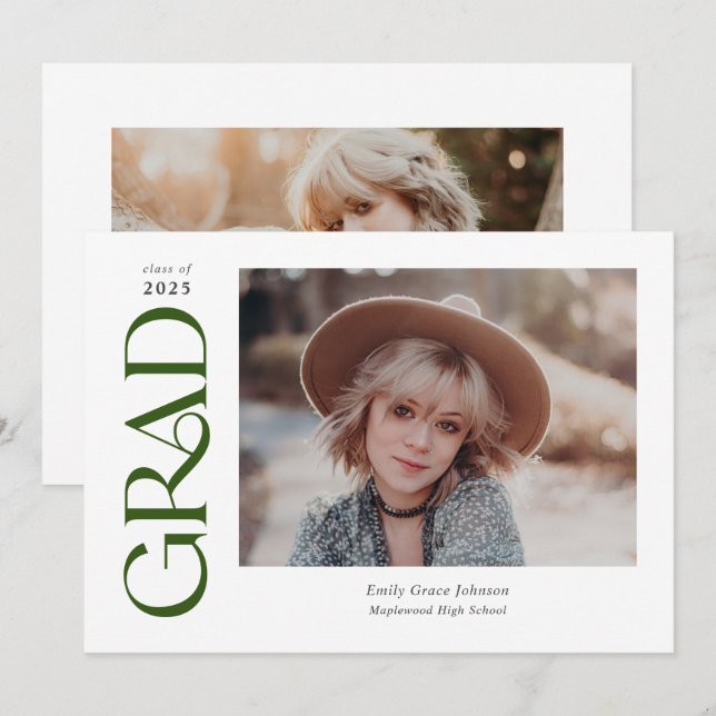 Green Trendy Serif Two Photos Graduation Announcement (Front/Back)