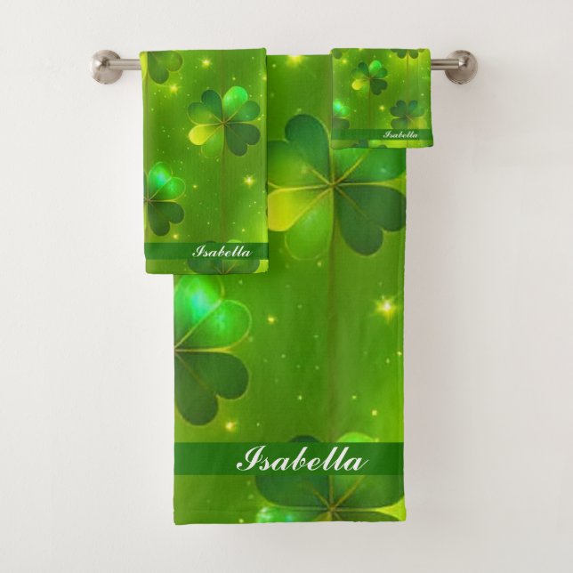 Green Trendy St Patrick's Day Clover Collection Bath Towel Set (Insitu)