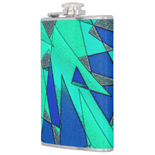 Green triangular cutouts on blue background, rough hip flask