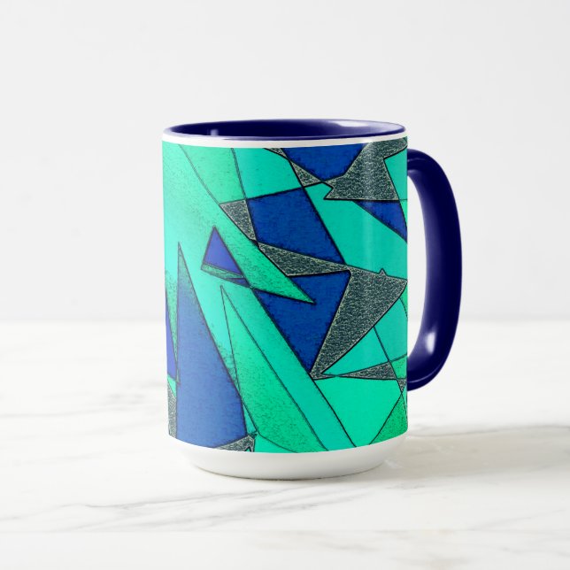Green triangular cutouts on blue background, rough mug (Front Right)