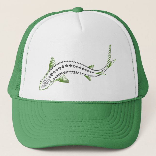 GREEN TRIBAL SWIMMING STURGEON FISH  TRUCKER HAT (Front)