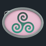 Green Triskele Ancient Celtic Symbol Pastel Pink Belt Buckle<br><div class="desc">Green Triskele symbol. The Triskele or Triskelion symbol consists of three interlocked spirals or three arms as if it is moving from its centre. This Celtic symbol of movement or action represents the three worlds; the celestial,  physical,  and spiritual.</div>