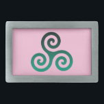 Green Triskele Ancient Celtic Symbol Pink Belt Buckle<br><div class="desc">Green Triskele symbol. The Triskele or Triskelion symbol consists of three interlocked spirals or three arms as if it is moving from its centre. This Celtic symbol of movement or action represents the three worlds; the celestial,  physical,  and spiritual.</div>