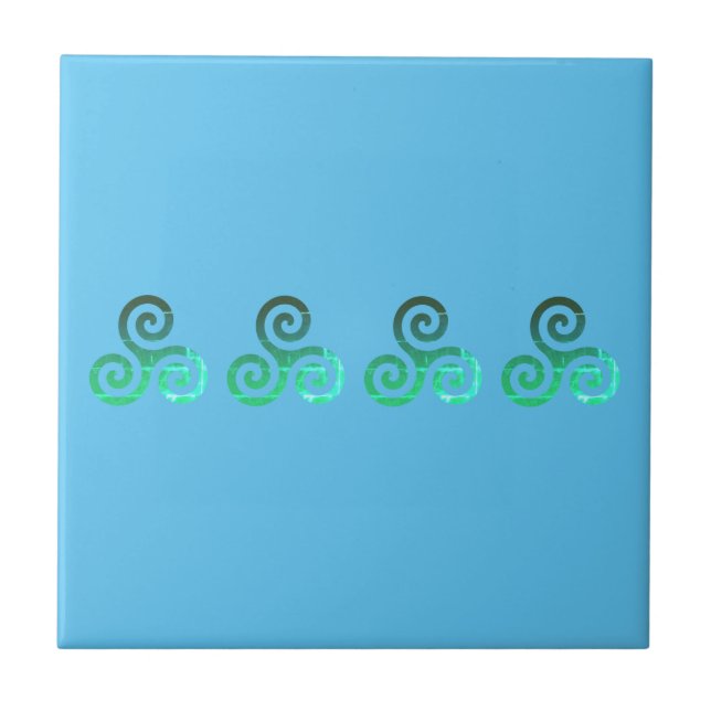Green Triskele Ancient Celtic Symbol Sky Blue Tile (Front)