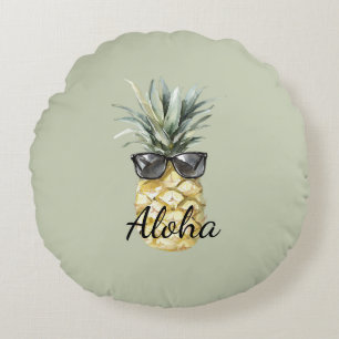 Green Tropical Aloha Pineapple with Sunglasses Round Pillow