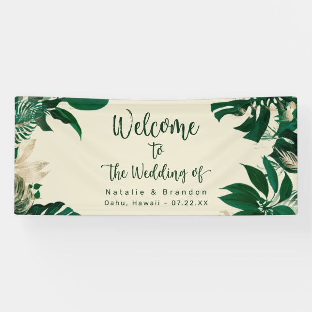 Green Tropical Foliage Modern Wedding Welcome Banner (Horizontal)