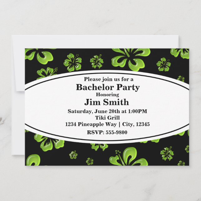 Green Tropical Hibiscus Floral Black Invitation (Front)