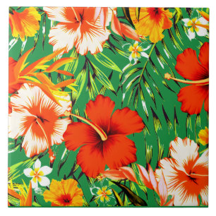 Green Tropical hibiscus flowers Tile
