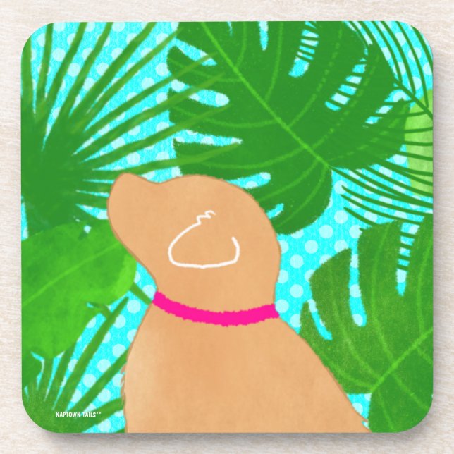 Green Tropical Island Yellow Dog Coaster Set (Front)