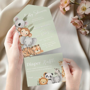 green Tropical Jungle Safari Baby Shower Animals  All In One Invitation