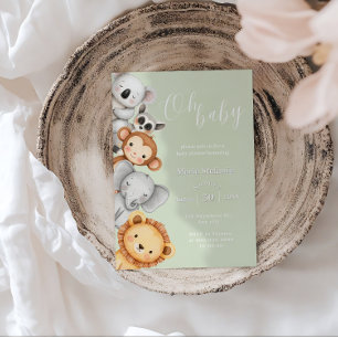 Green Tropical Jungle Safari Baby Shower Animals Invitation