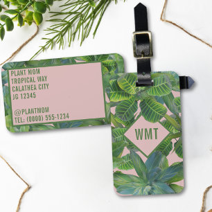 Green Tropical Leaf Monogram Pink Luggage Tag