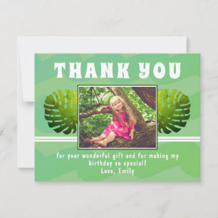 Green Tropical Leaf Watercolor Girl Photo Birthday Thank You Card