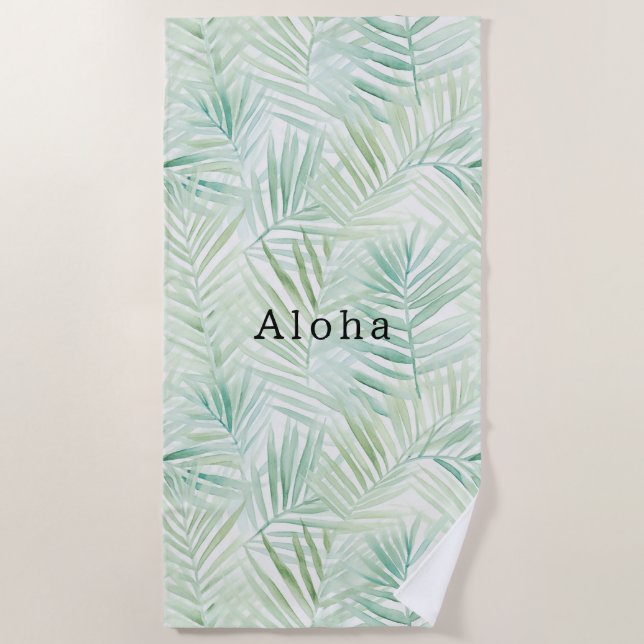 Green Tropical Leaves Aloha   Beach Towel (Front)