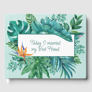 Green Tropical Leaves and Flower Wedding Guest Book