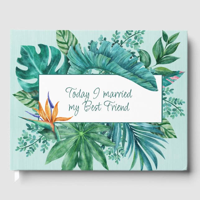 Green Tropical Leaves and Flower Wedding Guest Book (Front)