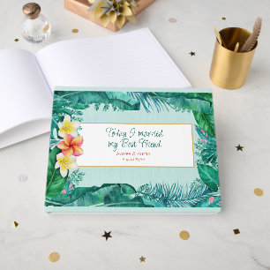 Green Tropical Leaves and Plumeria Wedding  Guest Book