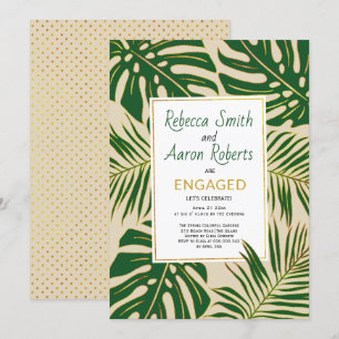 Green tropical leaves beige engagement party invitation