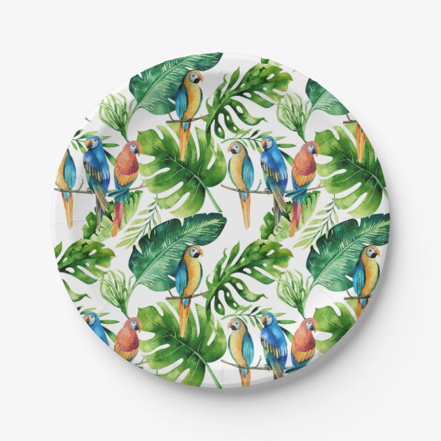 Green Tropical Leaves & Birds Wedding Party Paper Plate (Front)