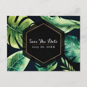 Green Tropical Leaves Black Elegant Save The Date Announcement Postcard
