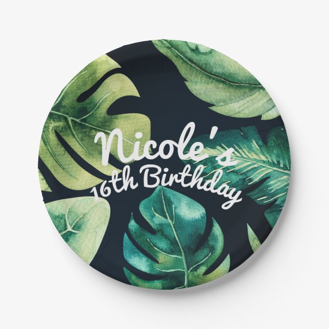 Green Tropical Leaves Black Elegant Summer Party Paper Plate (Front)