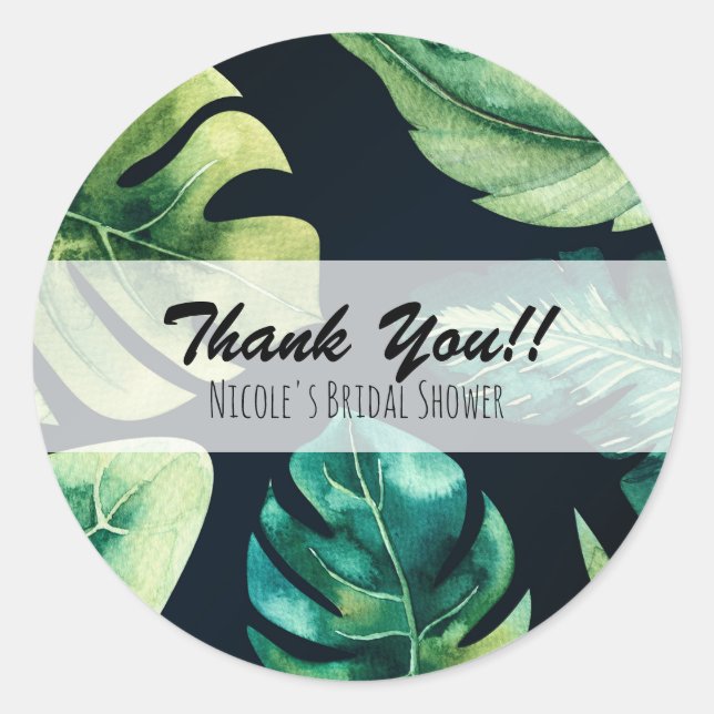 Green Tropical Leaves Black Elegant Wedding Favour Classic Round Sticker (Front)