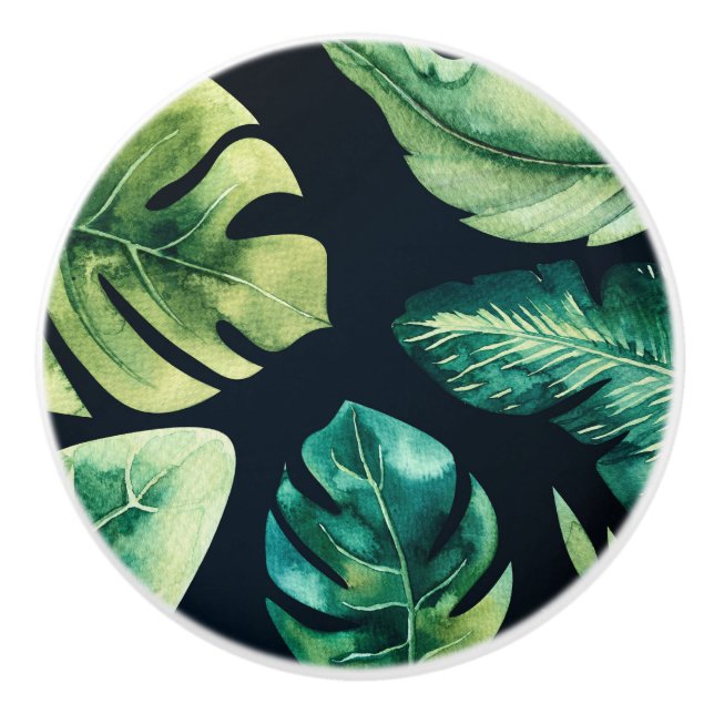 Green Tropical Leaves Black Summer Paradise Ceramic Knob (Front)
