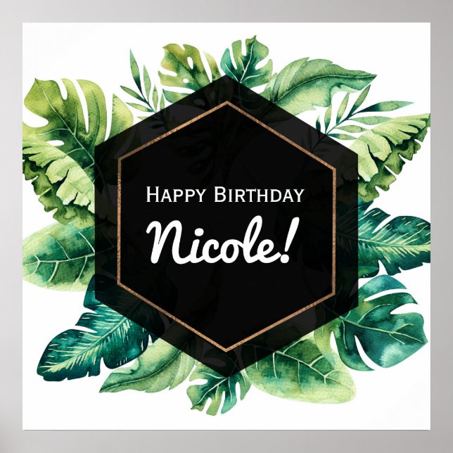 Green Tropical Leaves Black Wedding Banner Poster (Front)