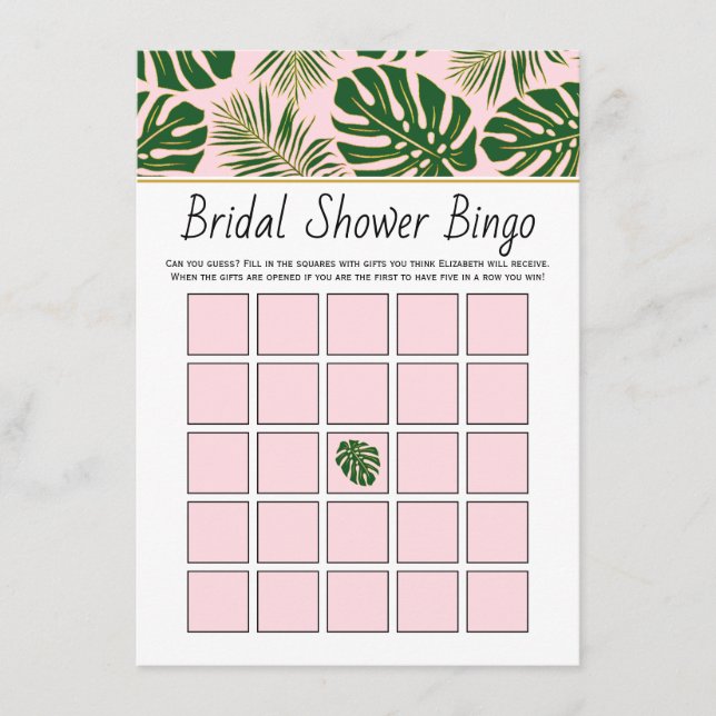 Green tropical leaves bridal bingo game card (Front)