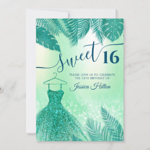 Green tropical leaves dress sweet sixteen  invitation