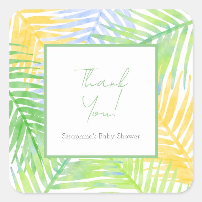 Green Tropical Leaves Hawaiian Baby Shower Square Sticker (Front)