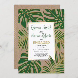 Green tropical leaves kraft paper engagement party invitation