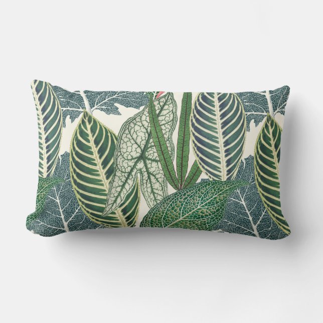 Green tropical leaves lumbar pillow (Front)