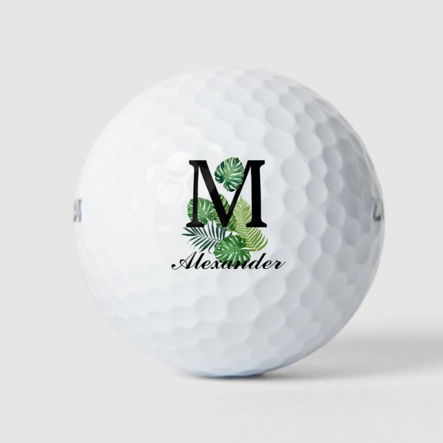 Green Tropical Leaves Monogram Golf Balls (Front)