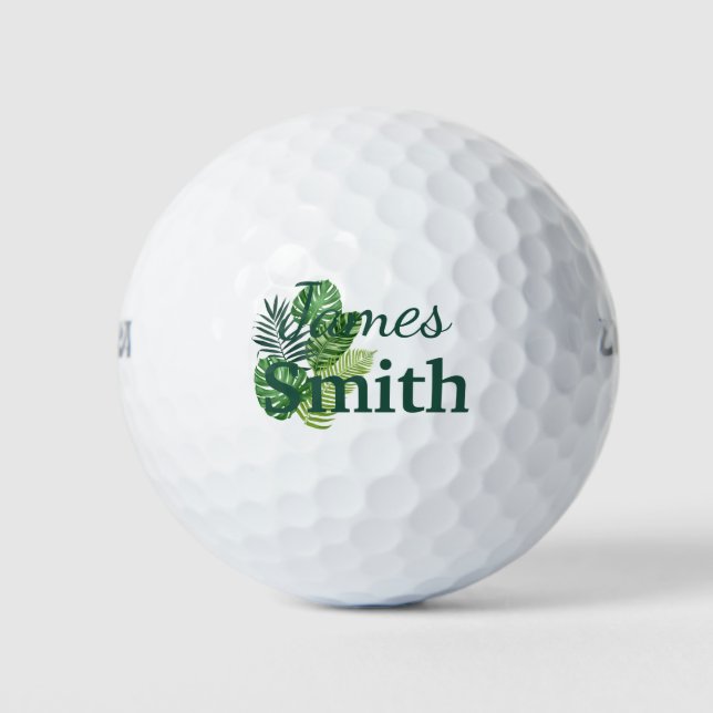 Green Tropical Leaves Monogram Golf Balls (Front)