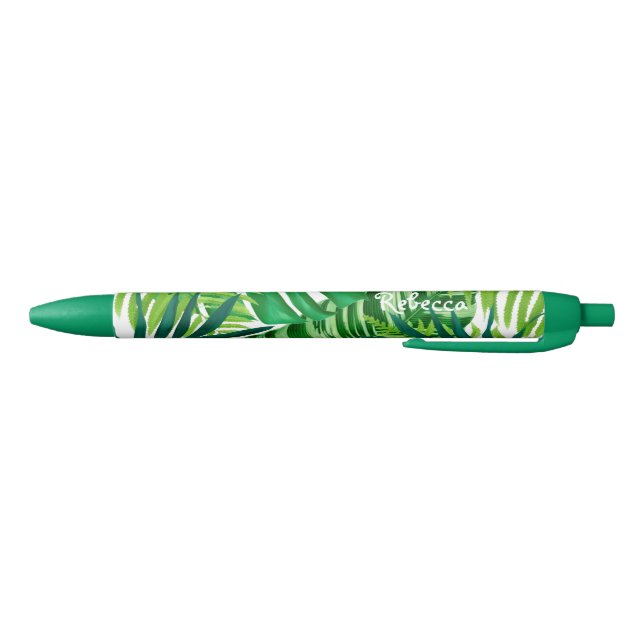 Green Tropical Leaves Monogram Name Black Ink Pen (Bottom)