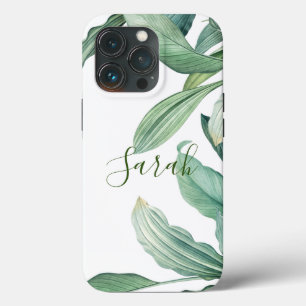 Green Tropical Leaves Monogram Name  iPhone 13 Pro Case