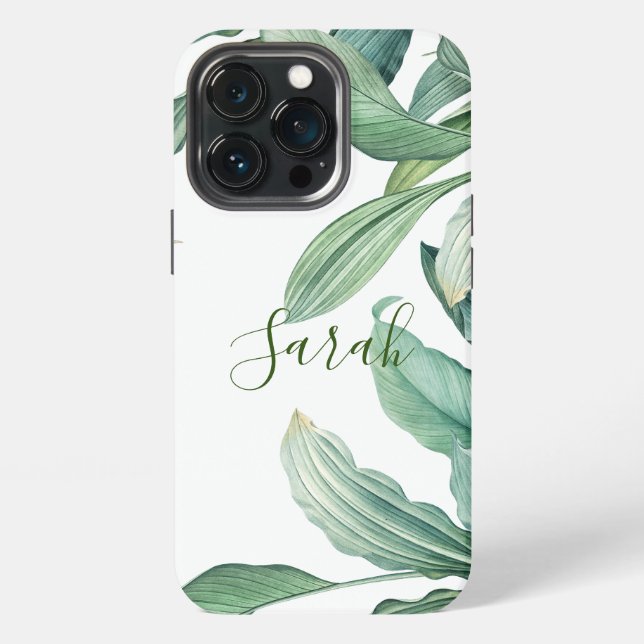 Green Tropical Leaves Monogram Name  iPhone Case (Back)