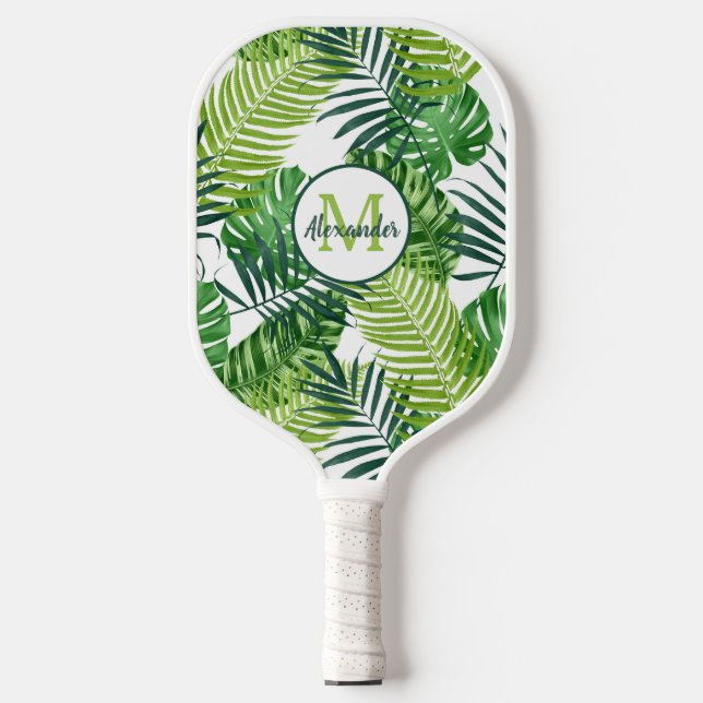 Green Tropical Leaves Monogram Name Pickleball Paddle (Front)
