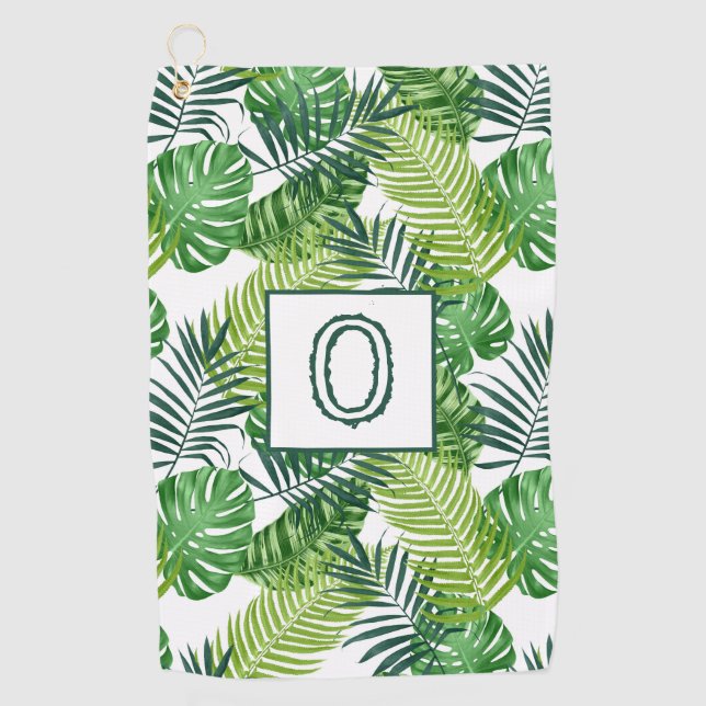 Green Tropical Leaves Monogram O Golf Towel (Front)